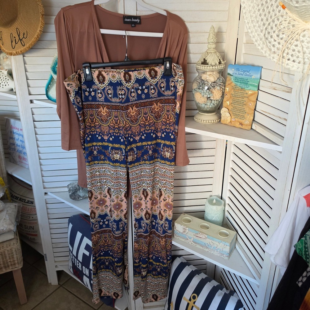 Inner Beauty Wrap Top & New Directions Boho Flare Pants Set XL Tan Blue Paisley